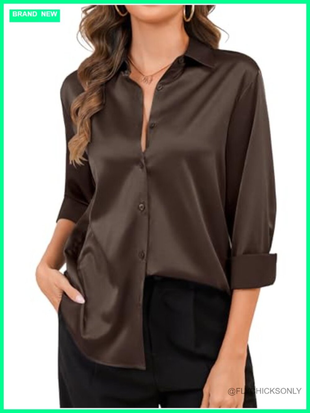 Satin Silk Button Down Shirt Long Sleeve Blouse Relaxed Fit